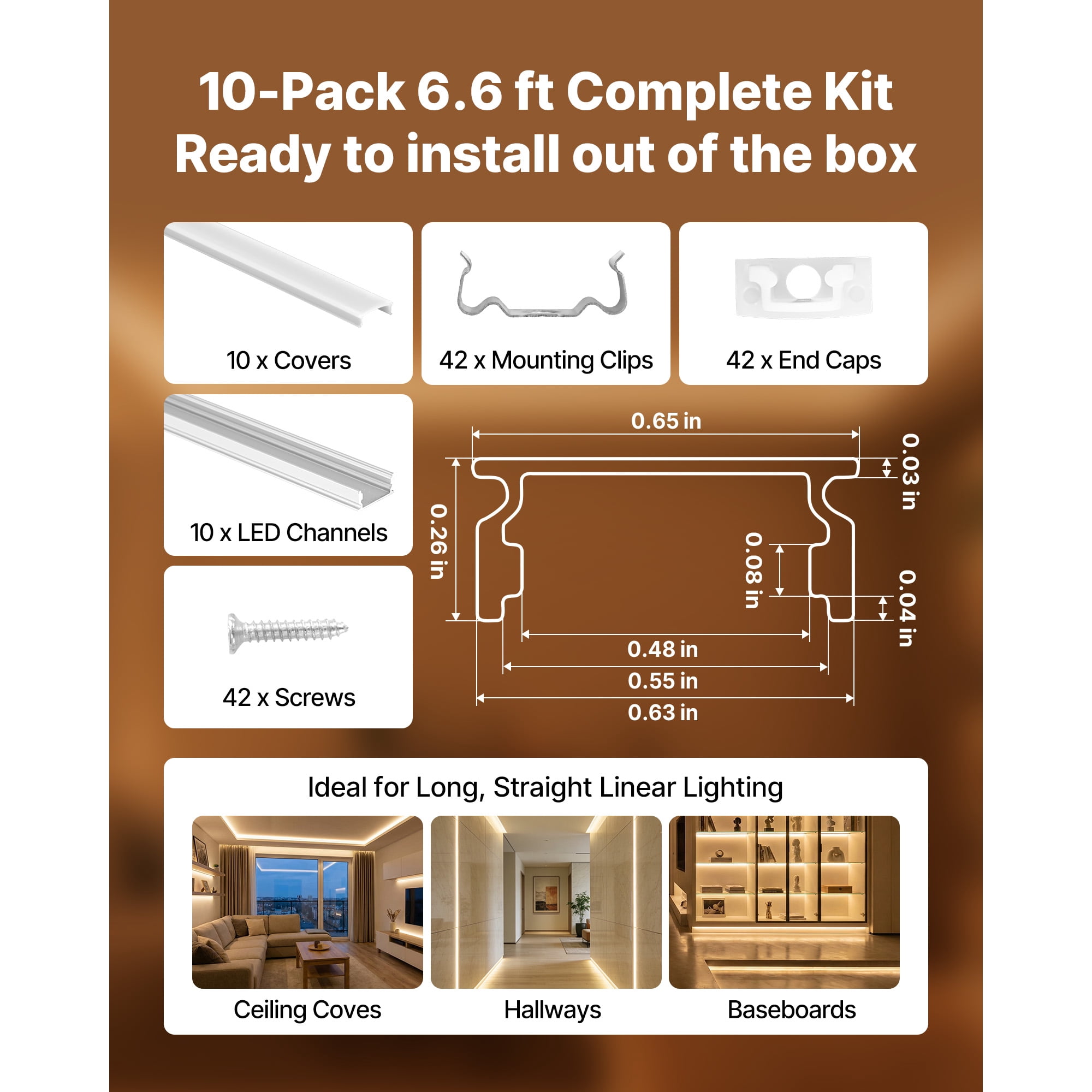 KFFKFF 10-Pack 6.6 ft/2M U-Shaped LED Aluminum Channel with Frosted Cover, End Caps, and Mounting Clips,Aluminum Profile for LED Strip Light Installations,Ideal for Under Cabinet and Counter Lighting