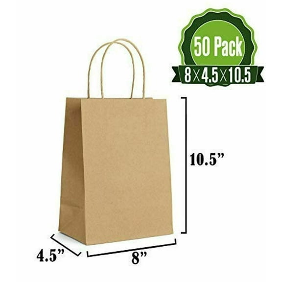 TreatMe100 50-Count Brown Kraft Paper Gift Bags, Shopping Bags with Bulk Twist Handles for Birthdays or Business, 50 Ct