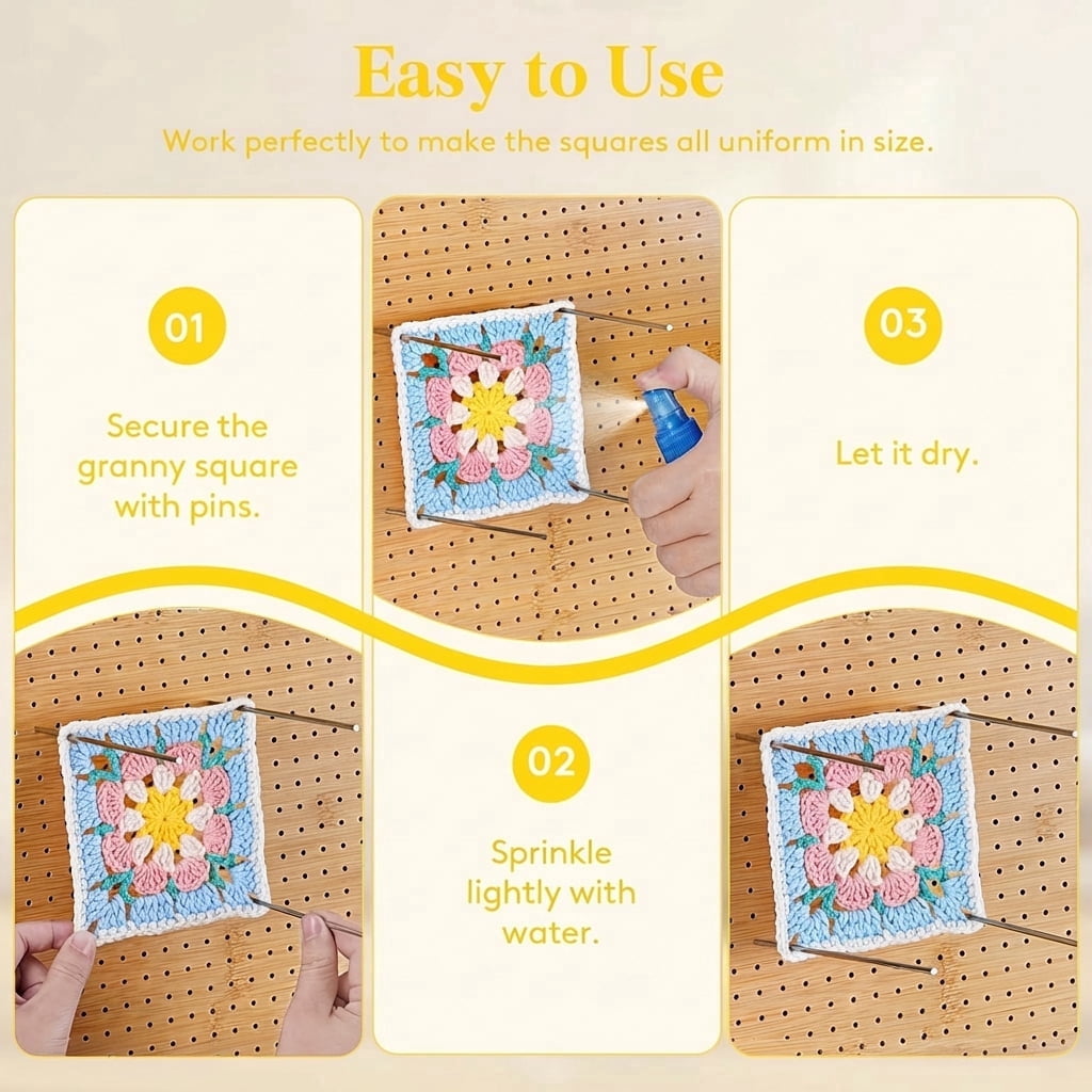 Norcho 14.4" Bamboo Crochet Blocking Board with 36 Pegs, Granny Square Mats for Knitting and Crocheting Projects