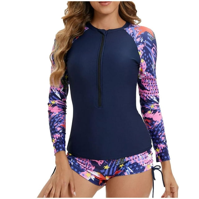 Trajes de baño para mujer, Trajes de baño para mujer, Traje de baño de dos piezas con estampado, manga larga, cremallera, abertura y shorts con cordón ajustable, Traje de baño de poliéster para mujer