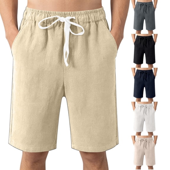 Domuza Mens Cotton Linen Shorts Summer Casual Classic Drawstring Elastic Waist Shorts with Pocket Beige 4XL