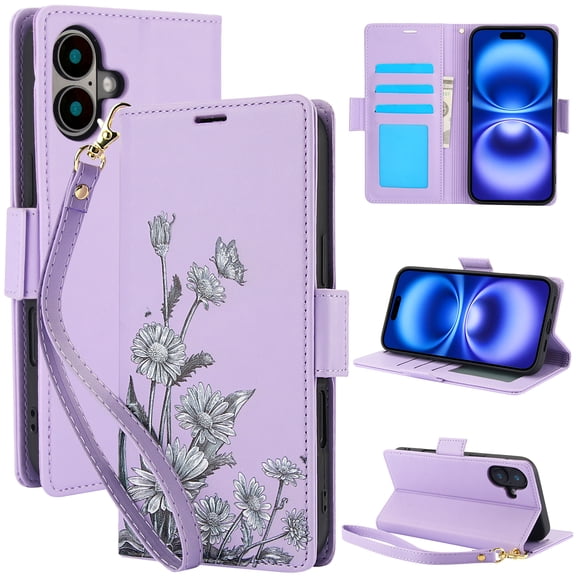 for iPhone 16 Wallet Case, Luxury Flower Pattern RFID Blocking Wrist Strap Flip Folio Cover with Kickstand Feature for Women Girls, PU Leather Phone Case for iPhone 16, Purple