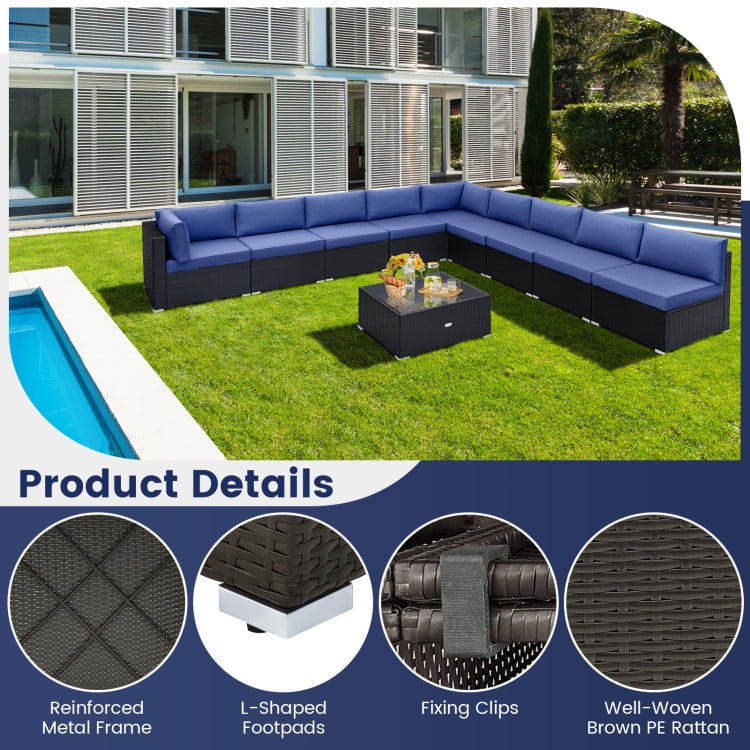 Aimee Lii 10 Piece Outdoor Wicker Conversation Set with Seat and Back Cushions, Outdoor Patio Furniture, Navy Aimee Lii 10 Piece Outdoor Wicker Conversation Set with Seat and Back Cushions, Outdoor Patio Furniture, Navy