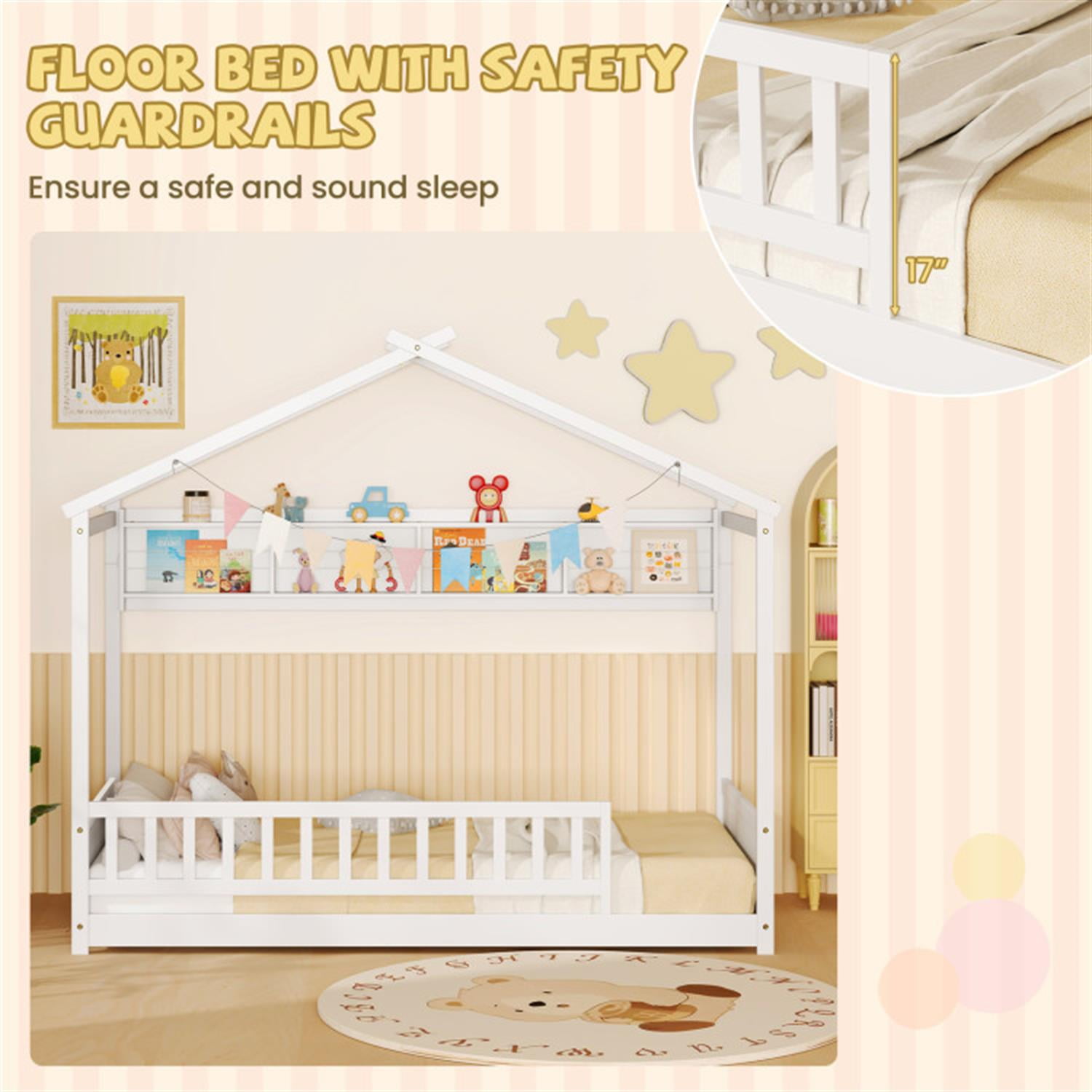 Demi Bonn Twin Size House Bed Frame with Storage Shelf and Headboard, Wooden Floor Bed Frame with Fence and Roof for Bedroom, White