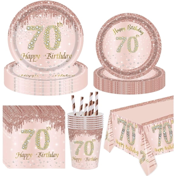 missunny-70th Birthday Party Supplies-Complete Pack 70th Birthday Party Tableware Set Rose Gold 70th Birthday Party Plates Cups Napkins Straws Tablecloth Serves 16 for 70th Birthday Party Decorations