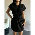 thumbnail image 4 of Women'S Short Sleeves Multi-Pocket Collared Shirt Dress Zip Up Cowgirl Dresses Black XL, 4 of 7