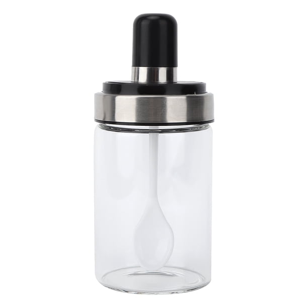 Tarro de condimento de vidrio transparente, bote para sal, pimienta y condimentos con cuchara para uso en la cocina