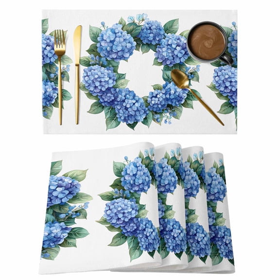 Blue Hydrangea Placemats Set of 1, Spring Wreath Flower Non-Slip Place Mats Washable Table Mats for Kitchen Dining Table Decorations Indoor/Outdoor