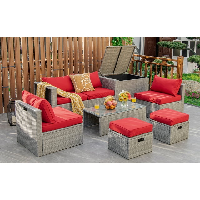 Patiojoy Ensemble de Mobilier de Patio en Rotin PE Toutes Saisons 8 Pcs, Ensemble de Canapé Sectionnel d'Extérieur Gain de Place avec Coffre de Rangement Rouge