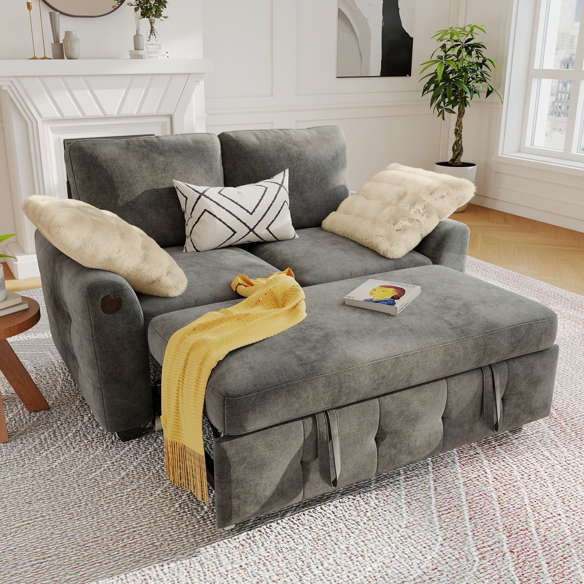 BedLuxury 59" Sleeper Loveseat With Pull Out Bed, Corduroy Sofa Bed With USB Charging for Small Spaces, Chenille Gray