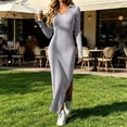 thumbnail image 6 of Tqcoqu Women's Solid Ribbed Knit Maxi Dresses,Lapel V Neck Long Sleeve Slim Fit Dress,Side Slit Business Elegant Maxi Dress,Gray Women's S-XXL, 6 of 7