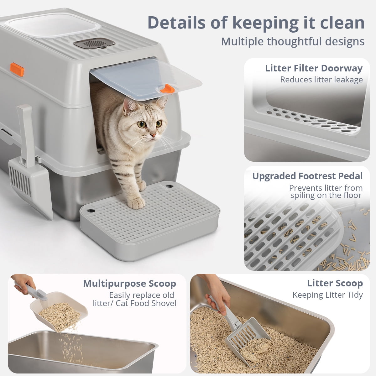 3IN1 Stainless Steel Cat Litter Box with Lid, DOMIPET XL Cat Litter Pan, Enclosed Metal Litter Box with 2x Litter Scoop & Filter Pedal, Front & Top Dual Entry