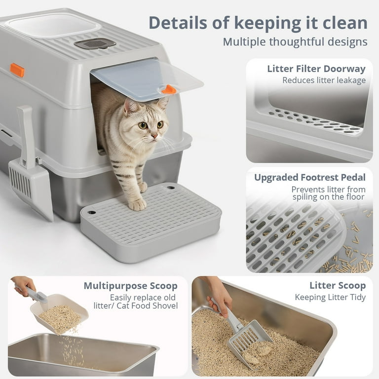 3IN1 Stainless Steel Cat Litter Box with Lid, DOMIPET XL Cat