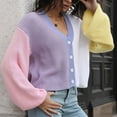 thumbnail image 3 of Color Block Sweater Coat Loose Long Sleeves V Neck Loose Short Single Breasted Open Front Knit Outwear Pink White Color Block L, 3 of 8