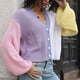 thumbnail image 3 of Bloque de color Suéter Abrigo Suelto Mangas largas Cuello en V Suelto Corto Un solo pecho Abierto Frente Tejido Outwear Rosa Blanco Bloque de color S, 3 of 8