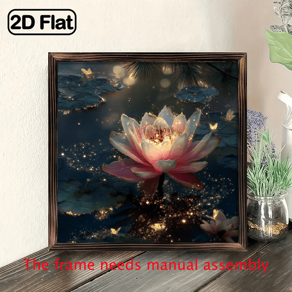 1pc Charming Pink for Lotus Flower Wooden Wall Art Ink Painting Style Framed Decor with Nighttime Pond Scene, Perfect for Home, Office, or Shelf Decoration, Ideal Gift for Family Friends, 8x8 Inch