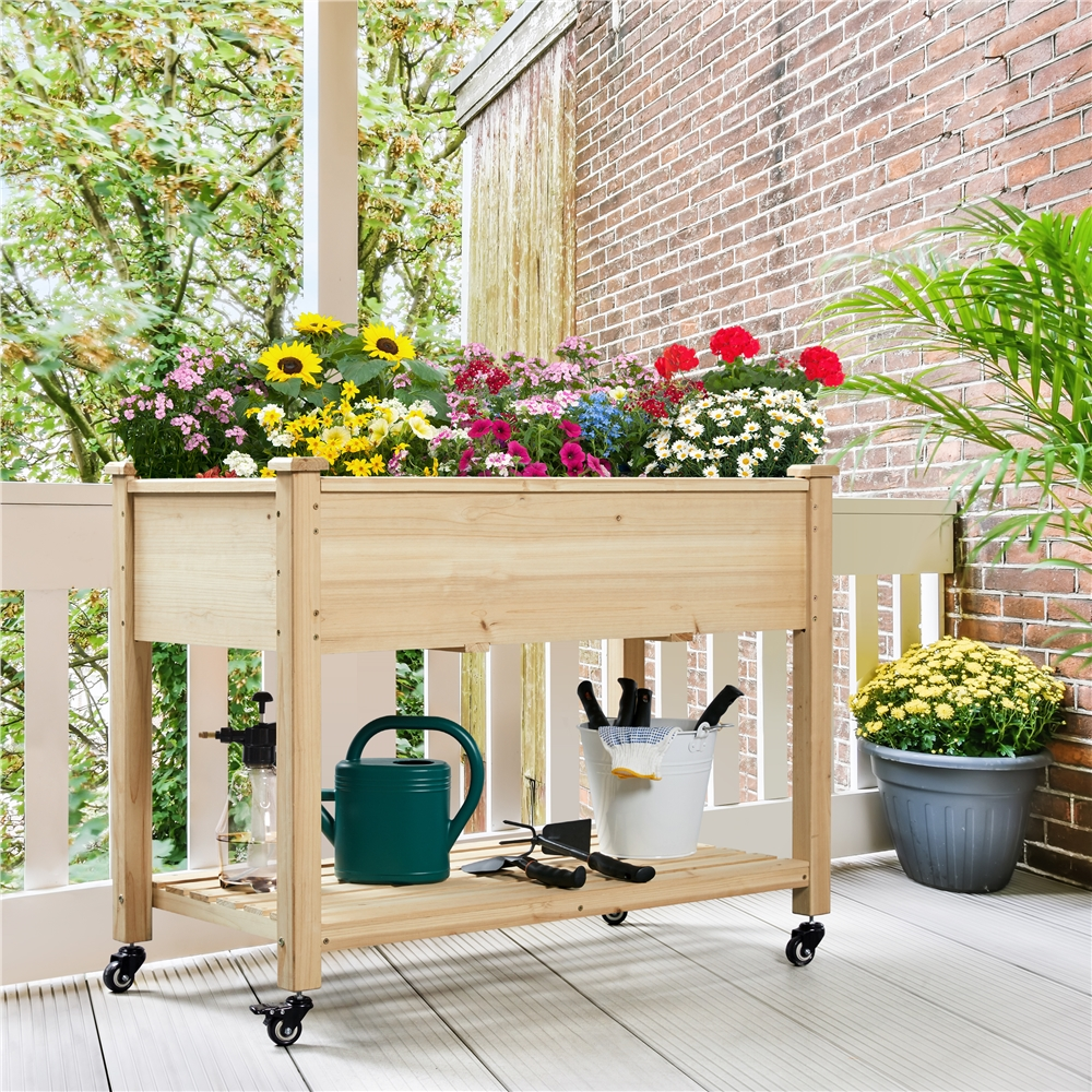 Renwick Fir Wood Planting Bed with Shelf & Wheels, Wood