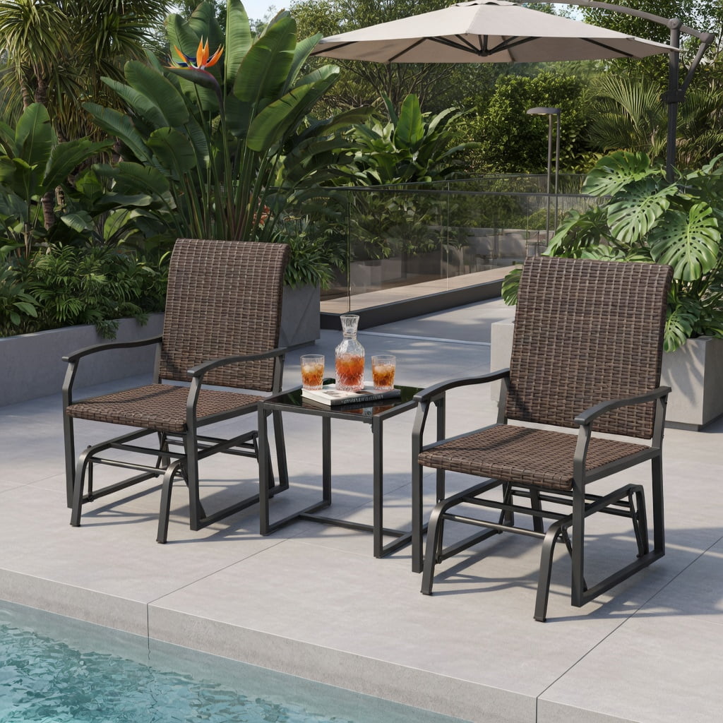 Hommoo 3-Piece All-Weather Patio Gliding Set with Tempered Glass Coffee Table, PE Rattan Outdoor Seating for Backyard, Poolside & Porch, Brown