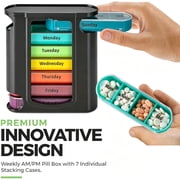 Weekly Pill Organizer, 1 Dispenser, 7 Stackable Compartments Four Times-a-Day - Morning, Noon, Evening, and Bedtime, Black