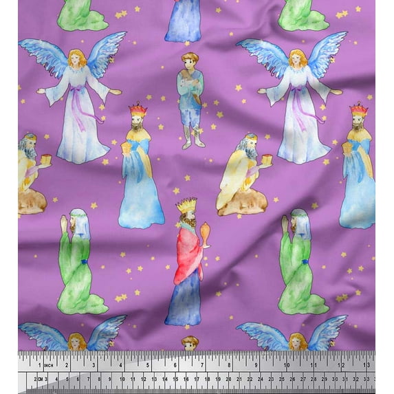 Soimoi Japan Crepe Satin Fabric King & Angel Watercolor Print Fabric by The Yard 42 Inch Wide