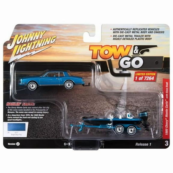 Johnny Lightning JLBT017-JLSP317A 1 to 64 Scale 1980 Chevrolet Monte Carlo Bright Blue Metallic with Blue Interior with Bass Boat & Trailer to 7264 Piece Worldwide Tow & Go Series Diecast Model Car