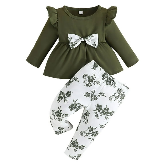 Coerni Toddler Baby Girls Clothes Set Fly Sleeve Bow Top   Floral Printed Elasticated Waistband White Leggings Outfits