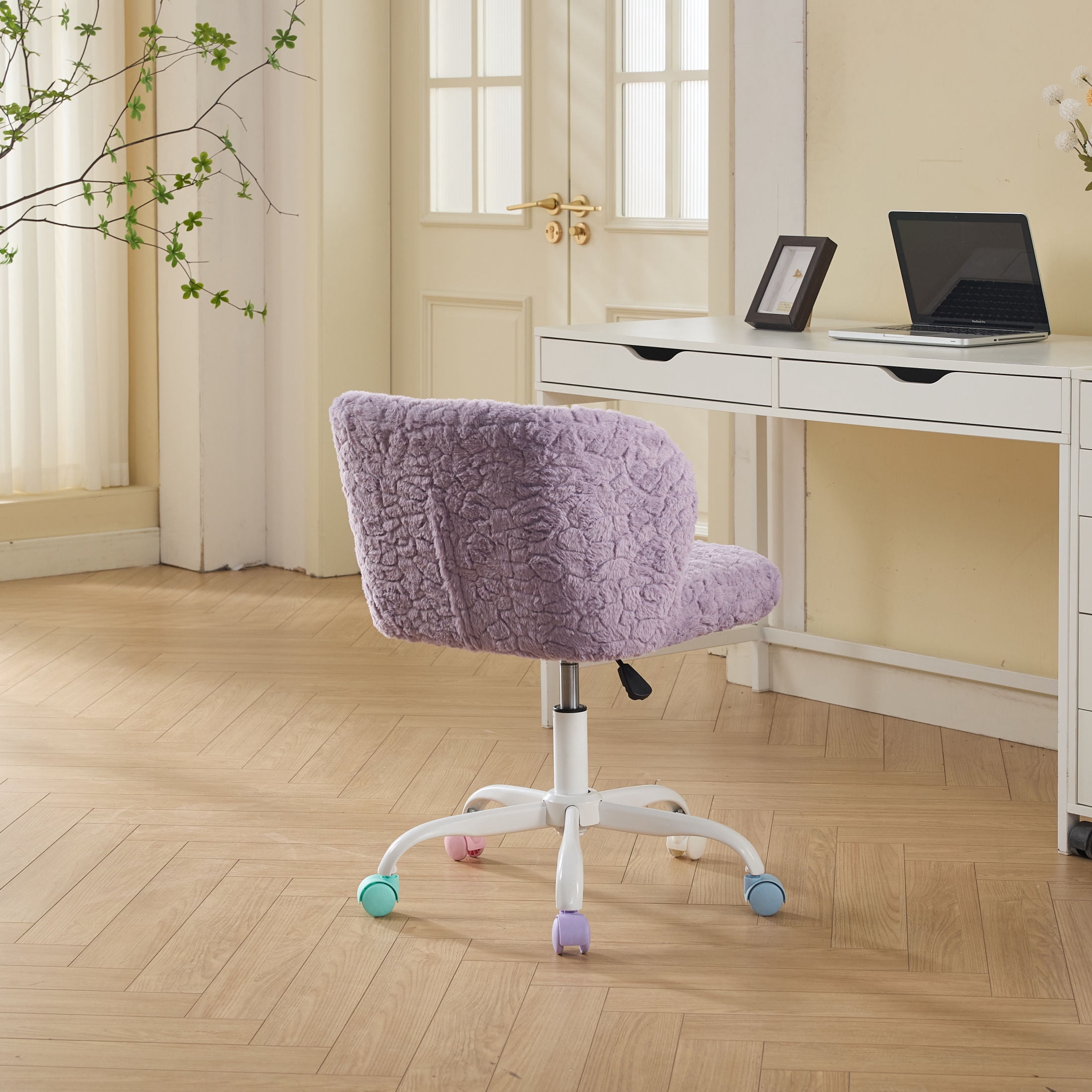 GDF Studio 22.5"W Faux Fur Office Chair with Adjustable Height, Swivel Metal Base, Violet