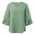 thumbnail image 3 of HNMKIU Casual Women's Tops Asymmetric Hem Lightweight 3/4 Sleeve Shirt Loose Fit V Neck Blouse for Summer Wear Z02_Green,L, 3 of 5