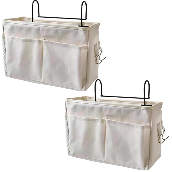 2 Pcs Bedside Organizer Caddy, White Cotton Linen Multi Pocket Hanging Storage Bag, 12.2 in / 31 cm Large Dorm Room Bed Caddy for Books, Snacks, and Dorm Room Essentials
