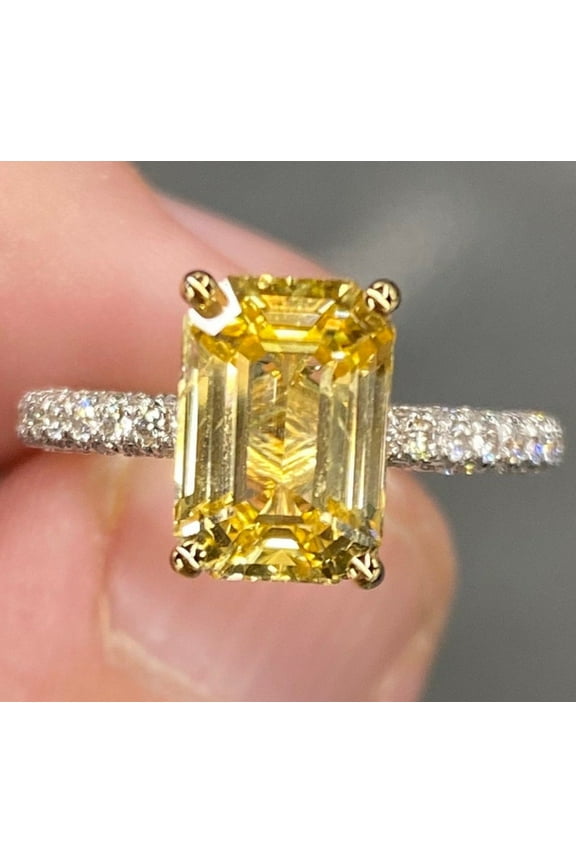 4.1 Ctw Vivid Yellow Ceylon Sapphire & Pave Diamond Gemstone 925 Sterling Silver Elongated Engagement Gift Ring