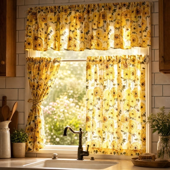 Kitchen Curtains Small Coffee Curtains Basement Filtering And Heat Insulating Curtains 3 Piece Set,Yellow