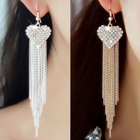 Naierhg Linear Earrings Love Heart Shape Rhinestone Inlaid Women Long Tassels Dangle Hook Earrings Jewelry for Party