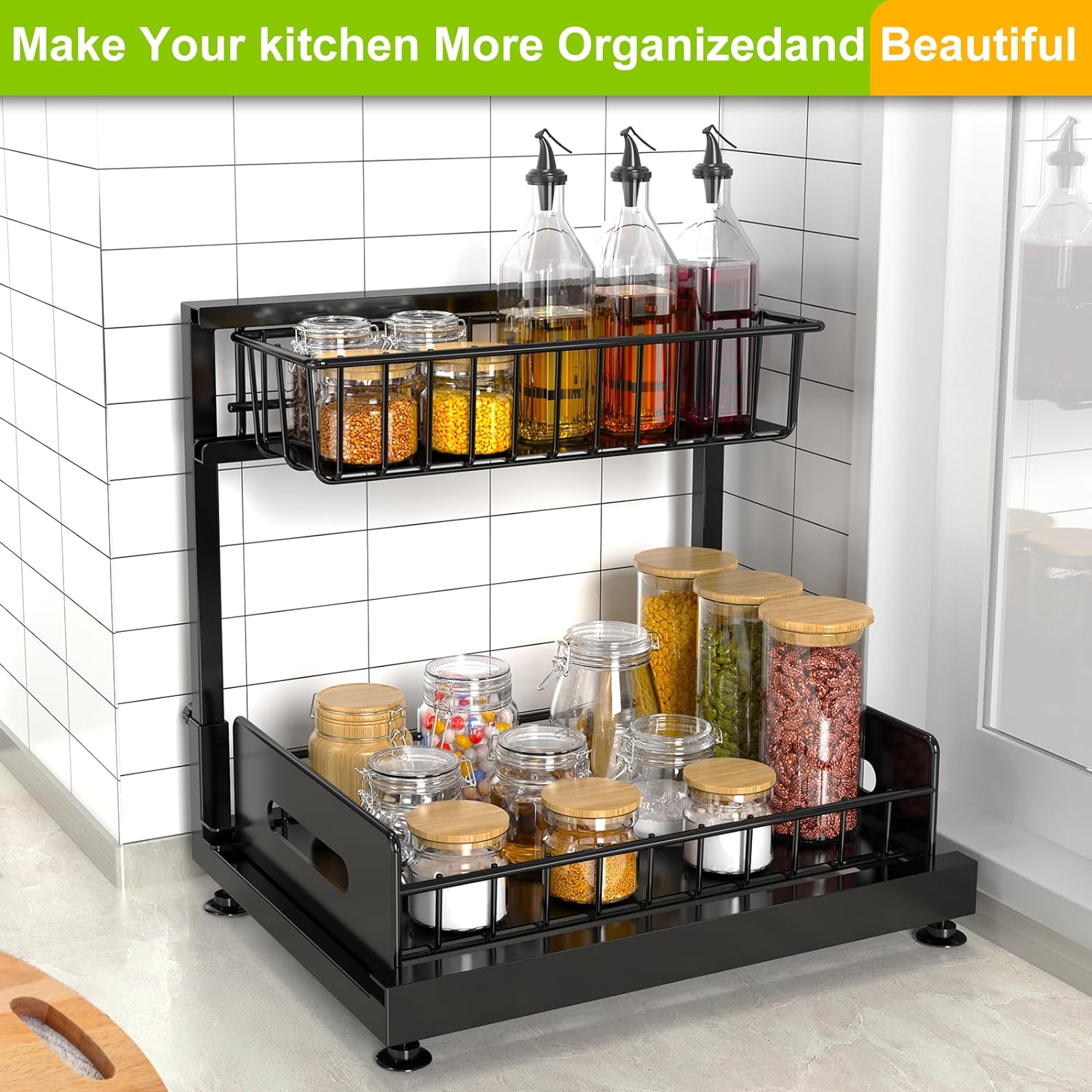2 Pack Under Sink Organizer,Pull Out Cabinet Organizer 2 Tier Slide Out Sink Shelf Cabinet Organizer and Storage,Adjustable Under Counter Organizers for Under Kitchen Bathroom Organization