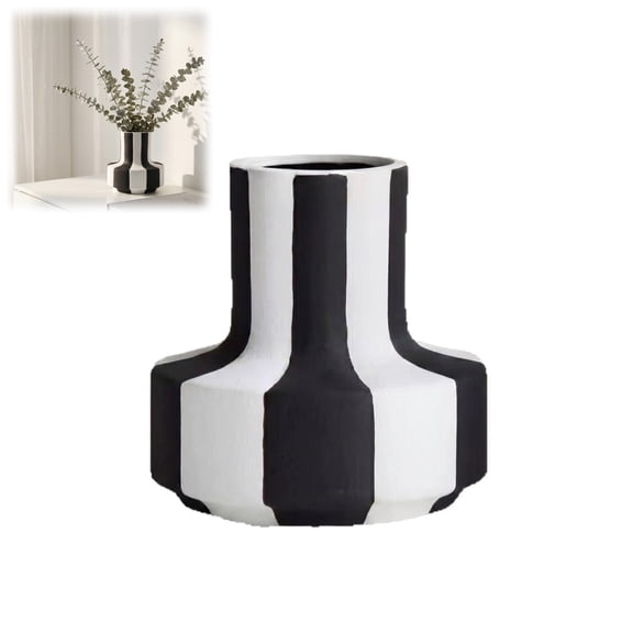 Modern Black‑and‑White Striped Ceramic Vase, Geometric Stripe Decorative Flower Vase Tabletop Home Shelf Ornament