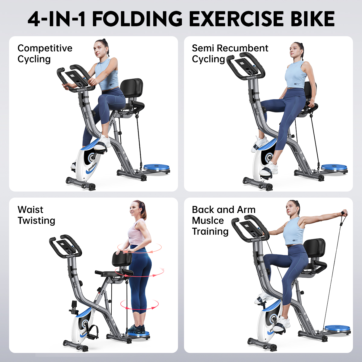 Pooboo 4-in-1 Folding Exercise Bike 300 lb Capacity photo 8