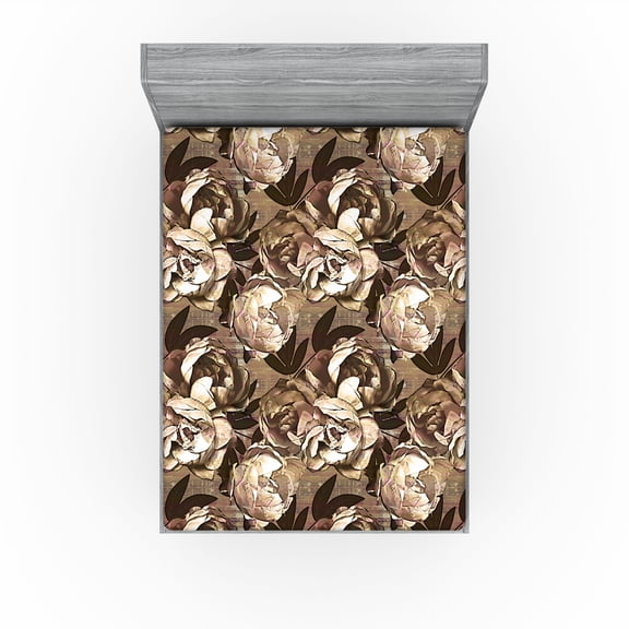 Ambesonne Vintage Fitted Sheet, Abstract Nostalgic Peony, Queen Size, Pale Brown and Dark Cocoa