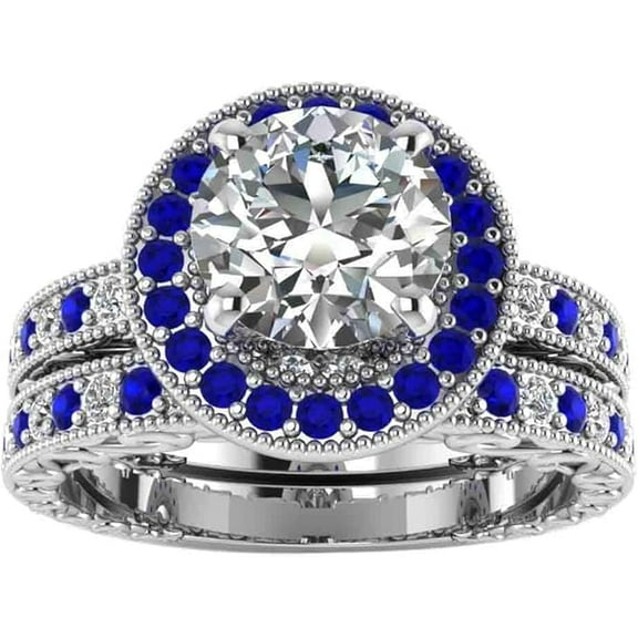 Dazzlingdaimonds Jewels 925 Sterling Silver 2.20 Ct Round Cut Sapphire & Diamond Wedding Engagement Christmas Bridal Ring Set 14K White Gold Plated For Women's -5.5