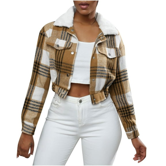STETMN Women's Plaid Cropped Jacket Long Sleeve Fleece Collar Coat Button Up Fall Outwear Coats