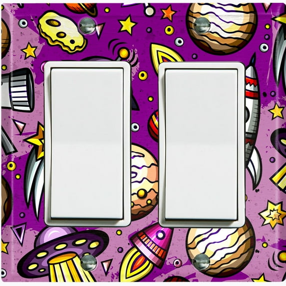 Metal Light Switch Wall Plate Outlet Cover (Spaceship UFO Astronaut Rocket Outerspace Star Pink - Double Rocker)