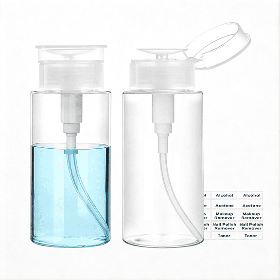 ACDANC Push Down Pump Dispenser, 3.4Oz Clear Pump Bottles with Alcohol, Acetone, Nail Polish Remover, Makeup Remover, Toner Stickers Empty Push Top Container for Liquid (100Ml-2Pack)