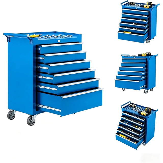 6-Drawer Rolling Tool Cabinet with Lock Drawer Liners and Side Handle Red Mobile Toolbox for Garage and Workshop Blue