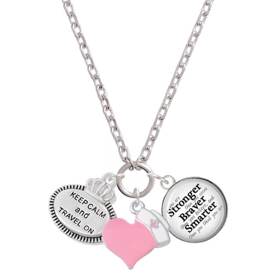 Delight Jewelry Silvertone Keep Calm and Travel On - Light Pink Heart Nurse Strong Zoe Necklace