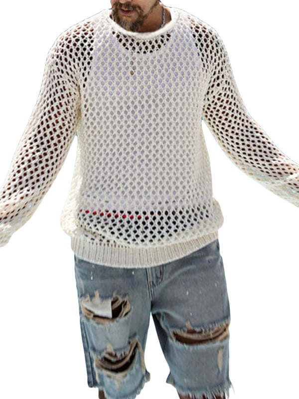 Men's Knitted Mesh Cutout Tops Round Neck Loose Long Sleeve