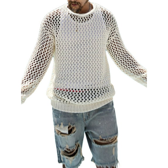 Men's Knitted Mesh Cutout Tops Round Neck Loose Long Sleeve Tee Shirt