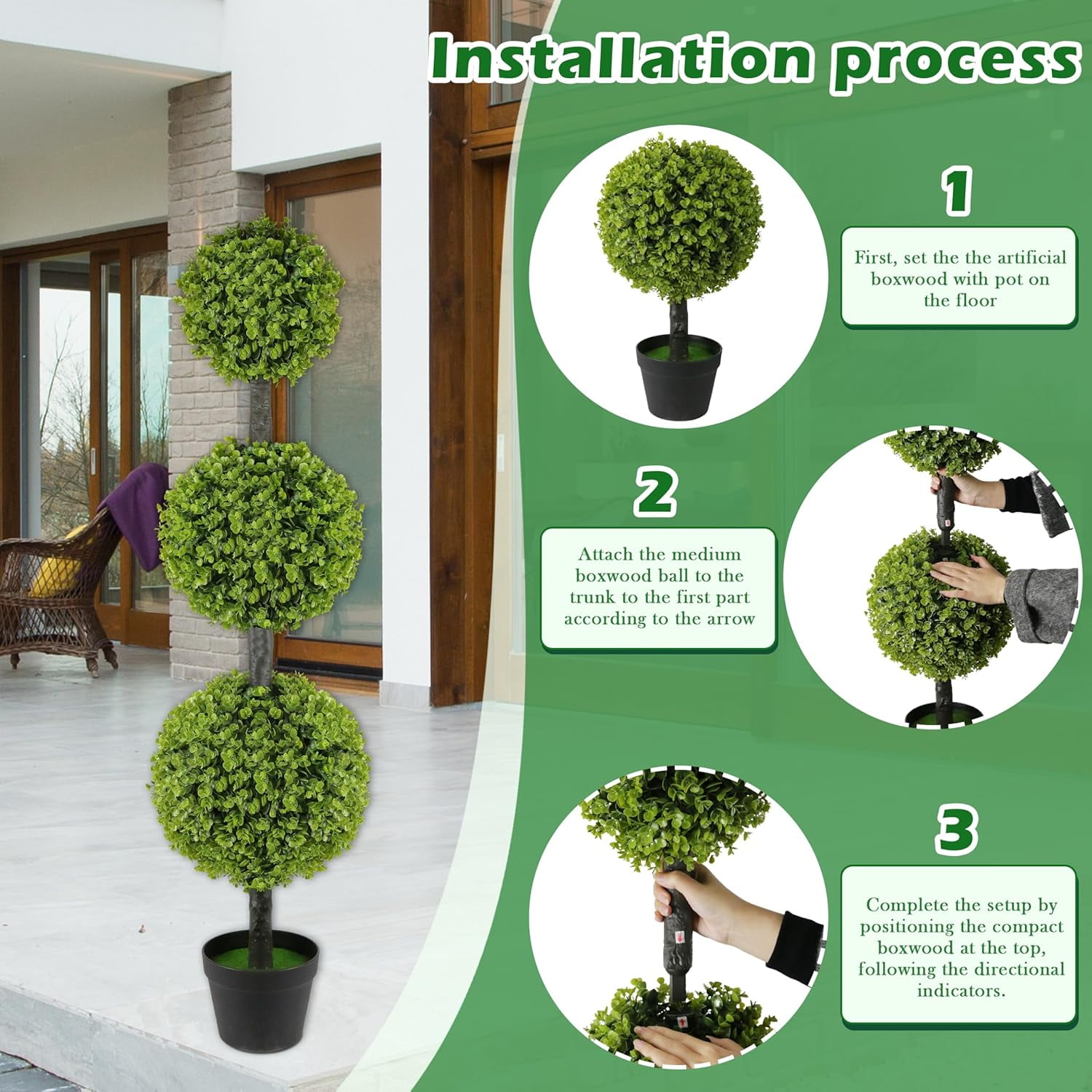 Bibana 2 Pack 4FT Artificial Topiary Ball Tree, Set of 2 Faux Triple Boxwood Shrubs in Pot, Realistic UV Resistant Fake Plants for Outdoor Front Door, Porch, Patio, Garden & Indoor Decor