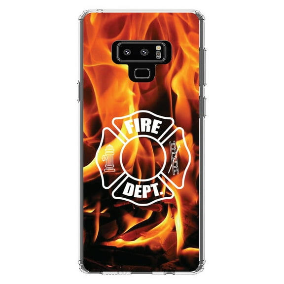 DistinctInk Clear Shockproof Hybrid Case for Samsung Galaxy Note 9 - TPU Bumper, Acrylic Back, Tempered Glass Screen Protector - Flames Fire Department Maltese Cross - First Responders