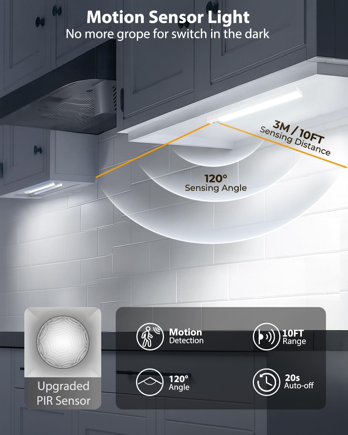 10inch Under Cabinet Lighting, 68 LED Rechargeable Motion Sensor Light Indoor, 6 Levels Dimmable Magnetic Closet Lights, Wireless Counter Lights for Kitchen, Stairs, Bedroom, 4-Pack Daylight