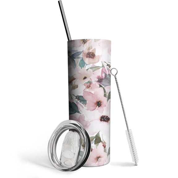 Flower Tumbler 20 Oz Travel Coffee Mug Floral Print Skinny Tumblers with Lid and Straw Stainless Steel Insulated Coffee Cups Gift for Flower Lover