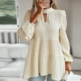 thumbnail image 4 of Spring Trendy Pleated Tops for Women Long Puff Sleeve Crewneck Keyhole Tiered Casual Flowy Babydoll Shirts Beige,XL, 4 of 7