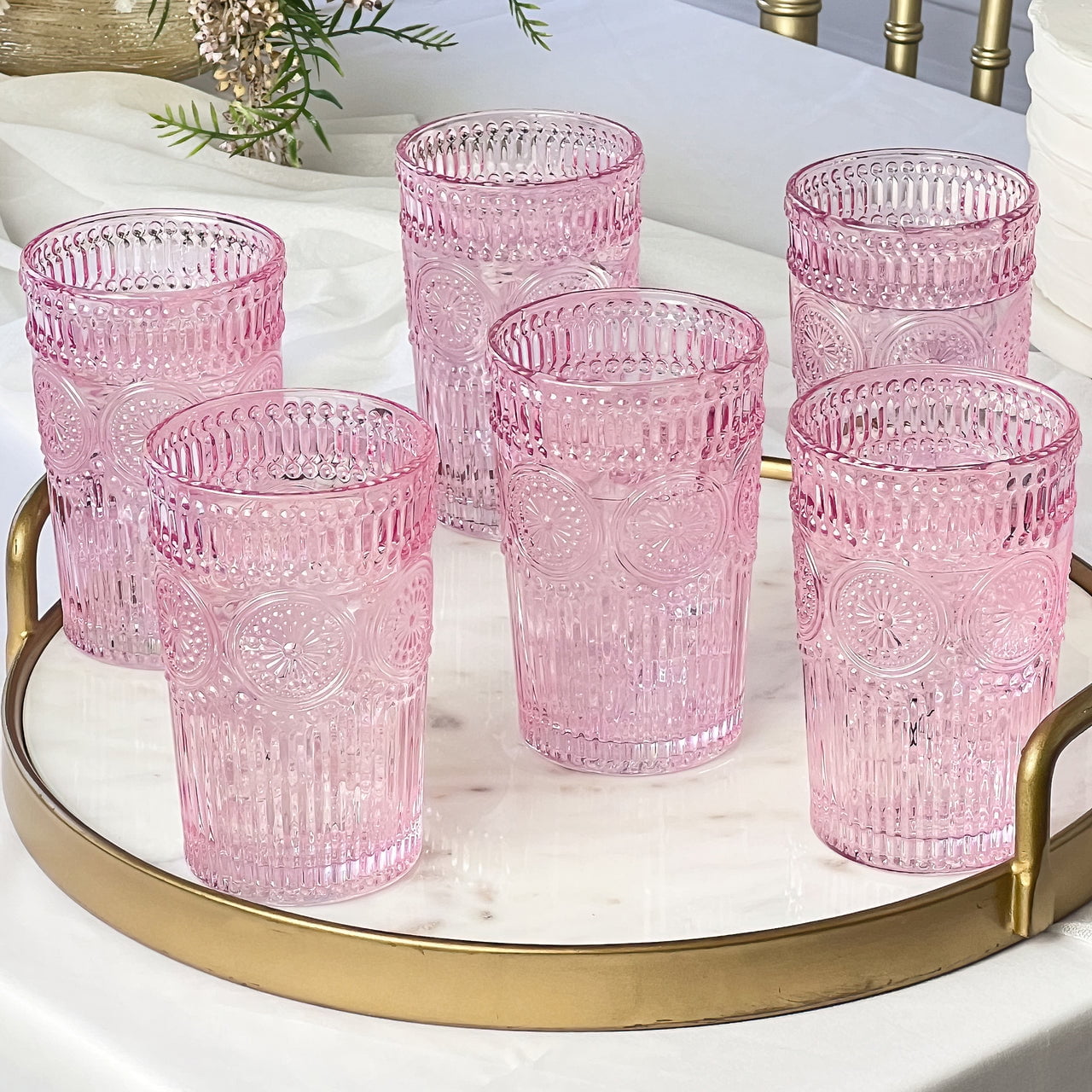Kate Aspen Textured Striped Pink Drinking Glasses Set of 6 13 oz Vintage Glassware Set Cocktail